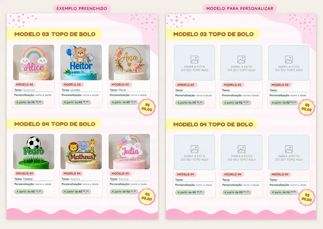 Catálogo Editável de Apresentação de Topos de Bolo